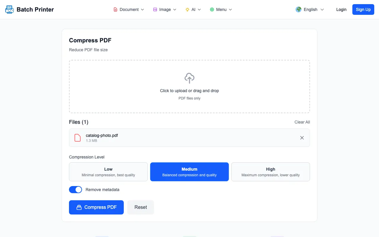 Batch Printer PDF compression page with a sample PDF loaded and compression options visible