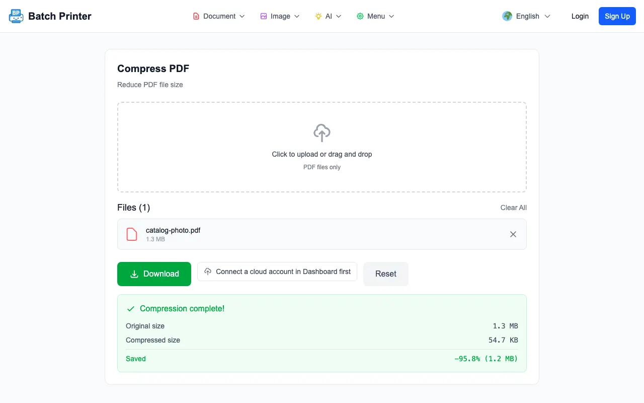 Batch Printer PDF compression result showing original size, new size, and saved amount