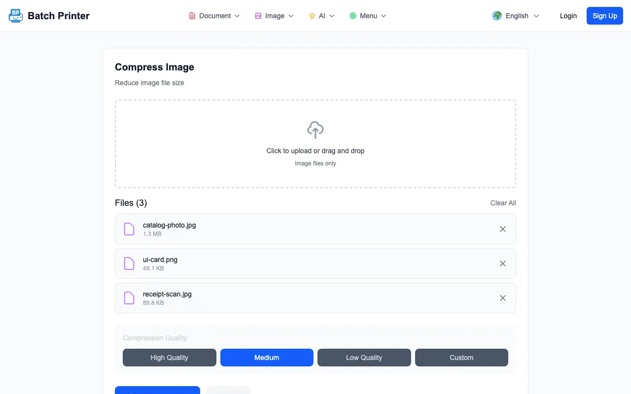 Batch Printer image compression tool with three sample files loaded and Medium quality selected