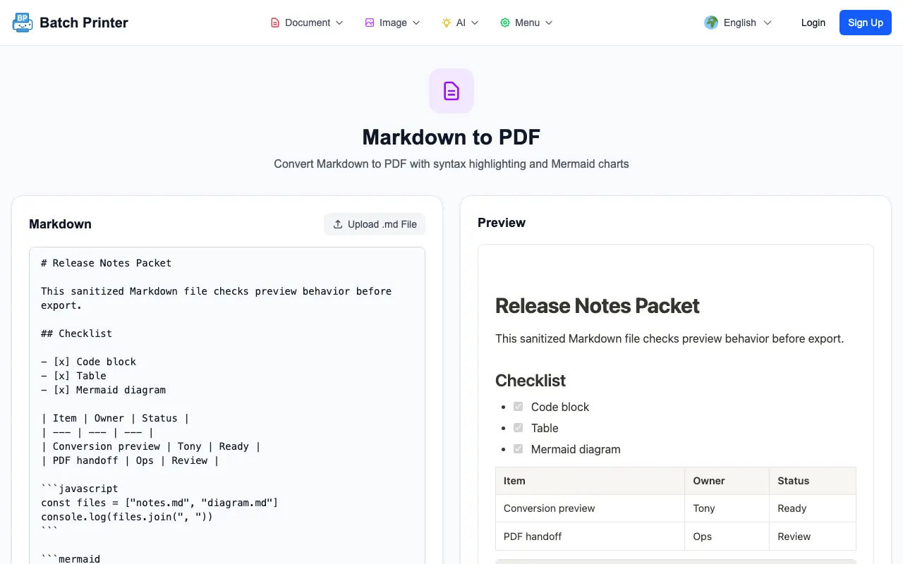 Batch Printer Markdown editor with a release notes file and rendered preview side by side