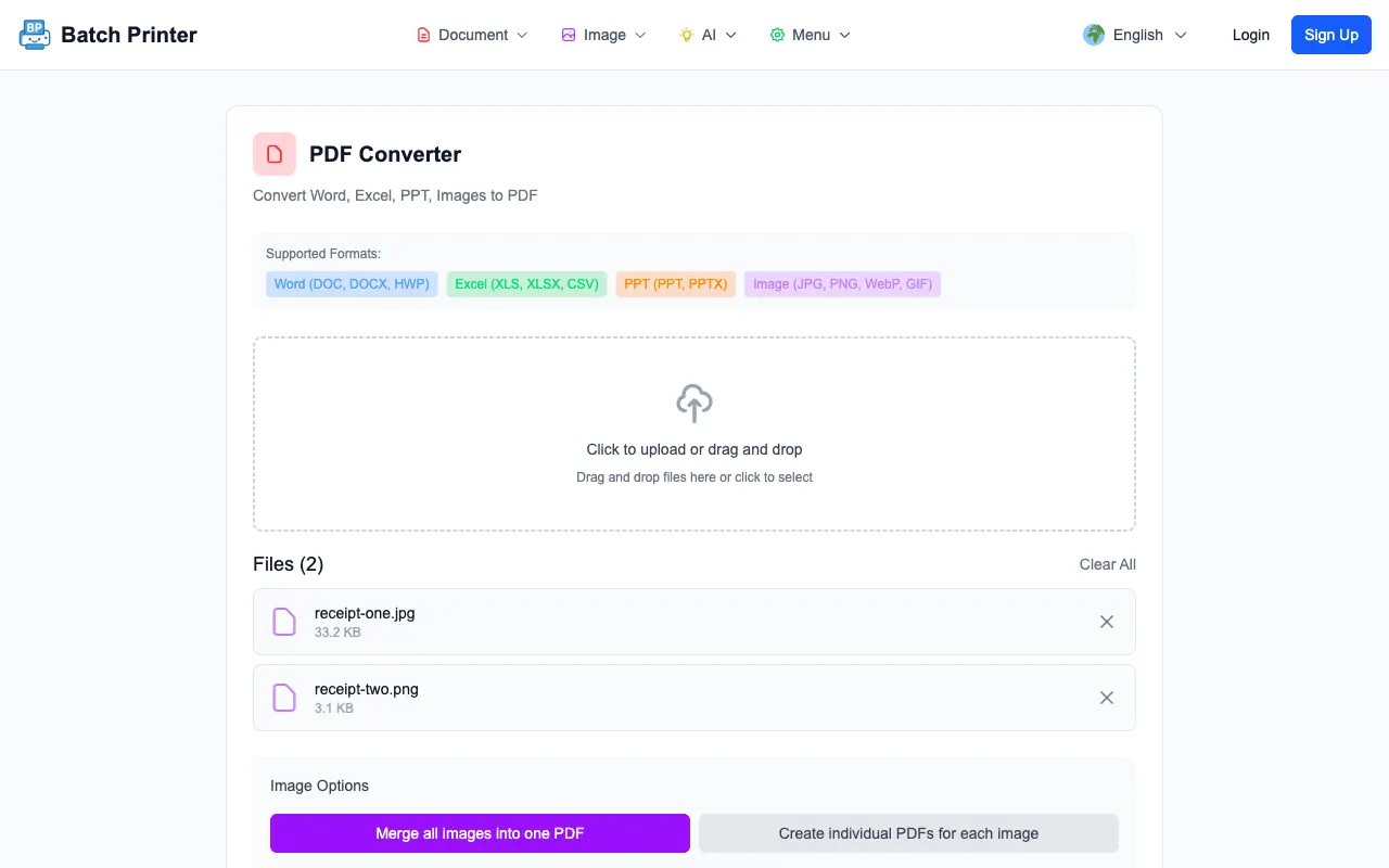 Batch Printer PDF converter with a JPG and PNG queued for conversion