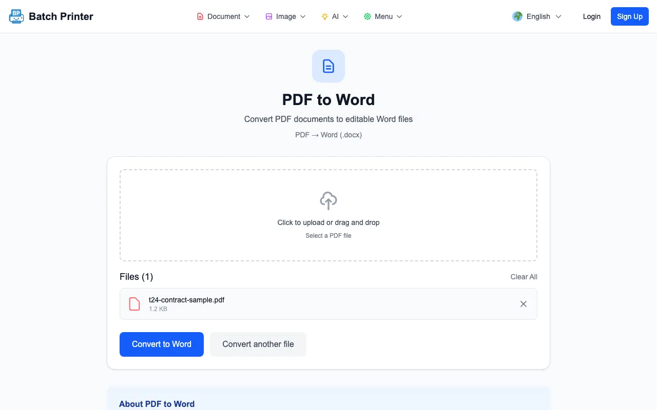 A one-page agreement PDF queued in the Batch Printer PDF to Word tool