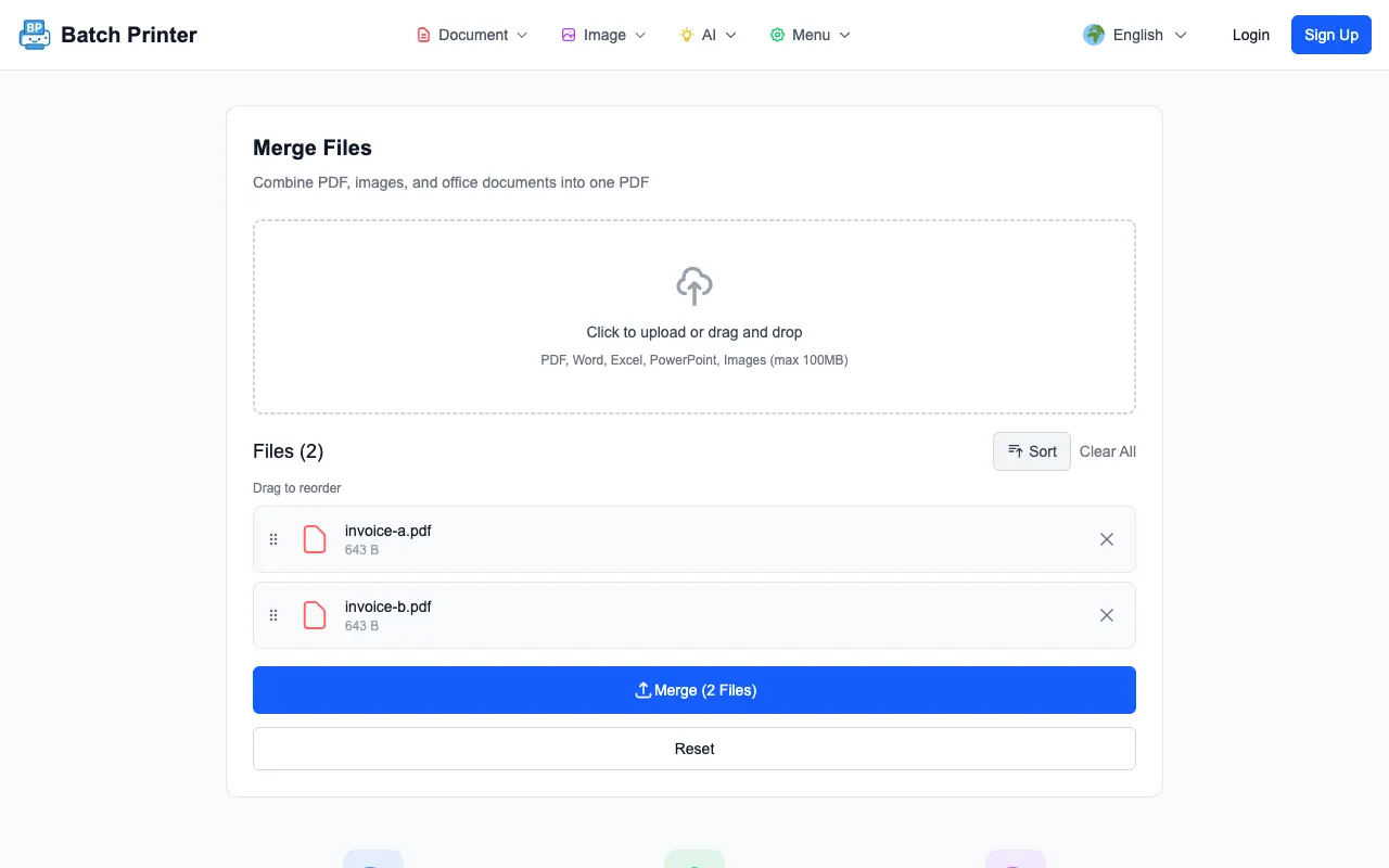 Batch Printer merge tool with two PDF documents queued