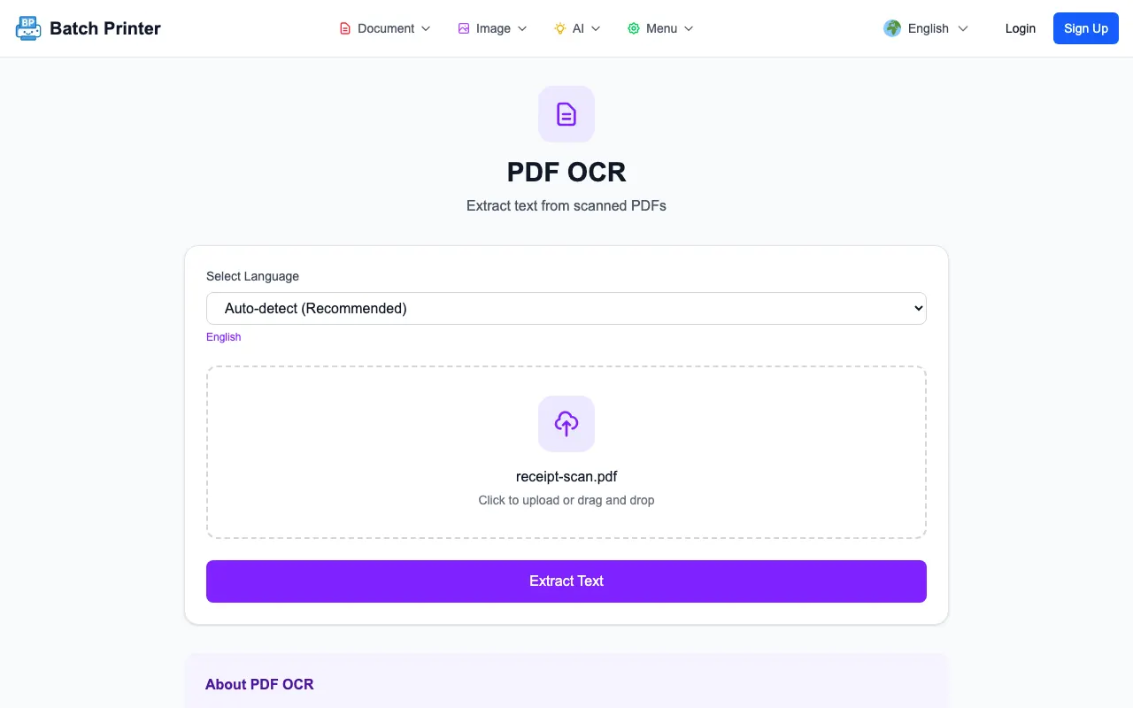 Batch Printer OCR page with a receipt PDF loaded and language selection visible
