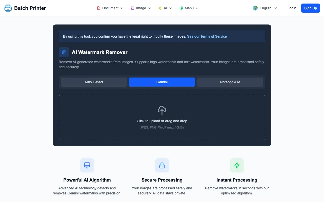 AI Watermark Remover page with Gemini mode selected in Batch Printer