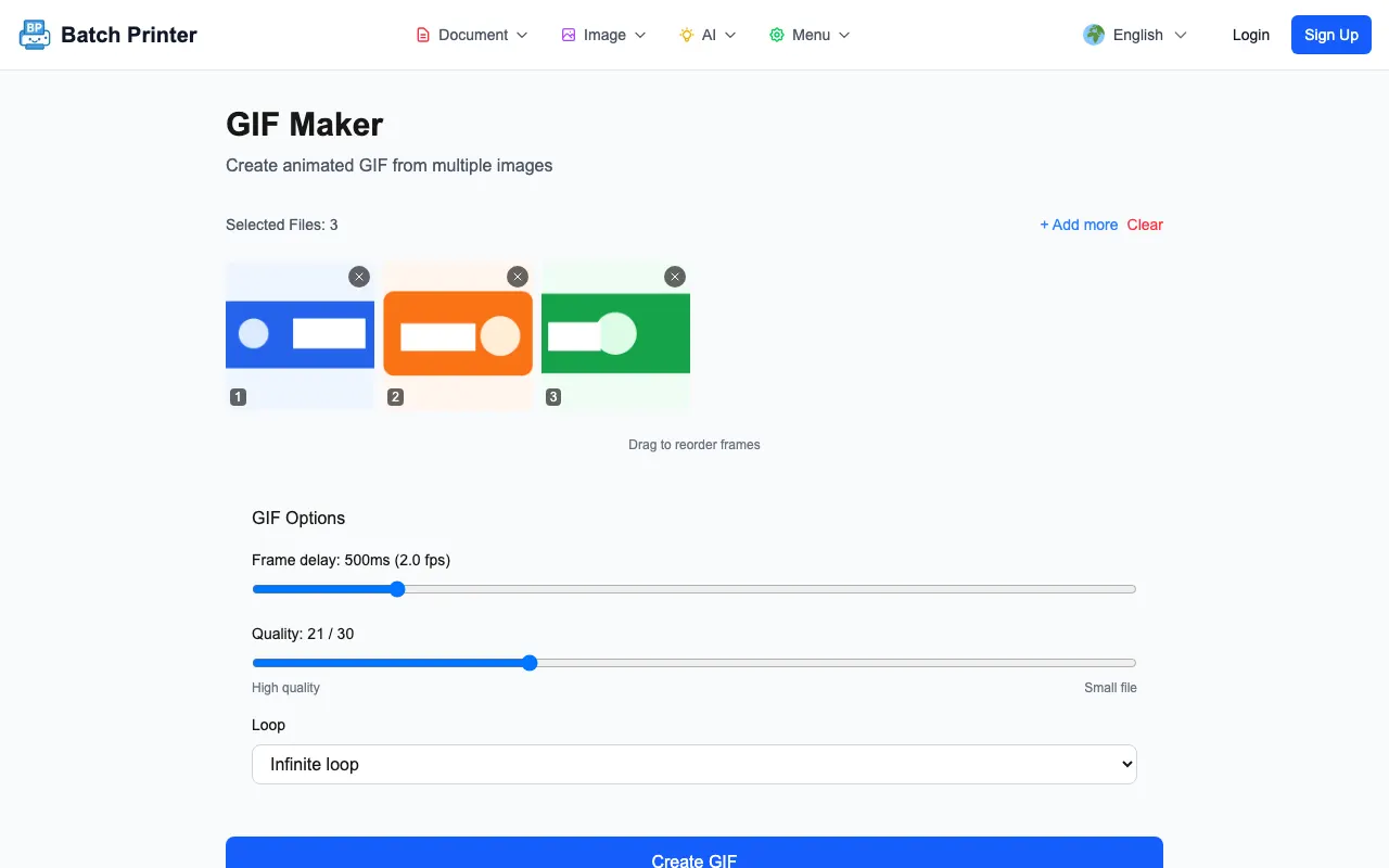 Three image frames loaded in Batch Printer GIF maker with frame delay and quality controls visible