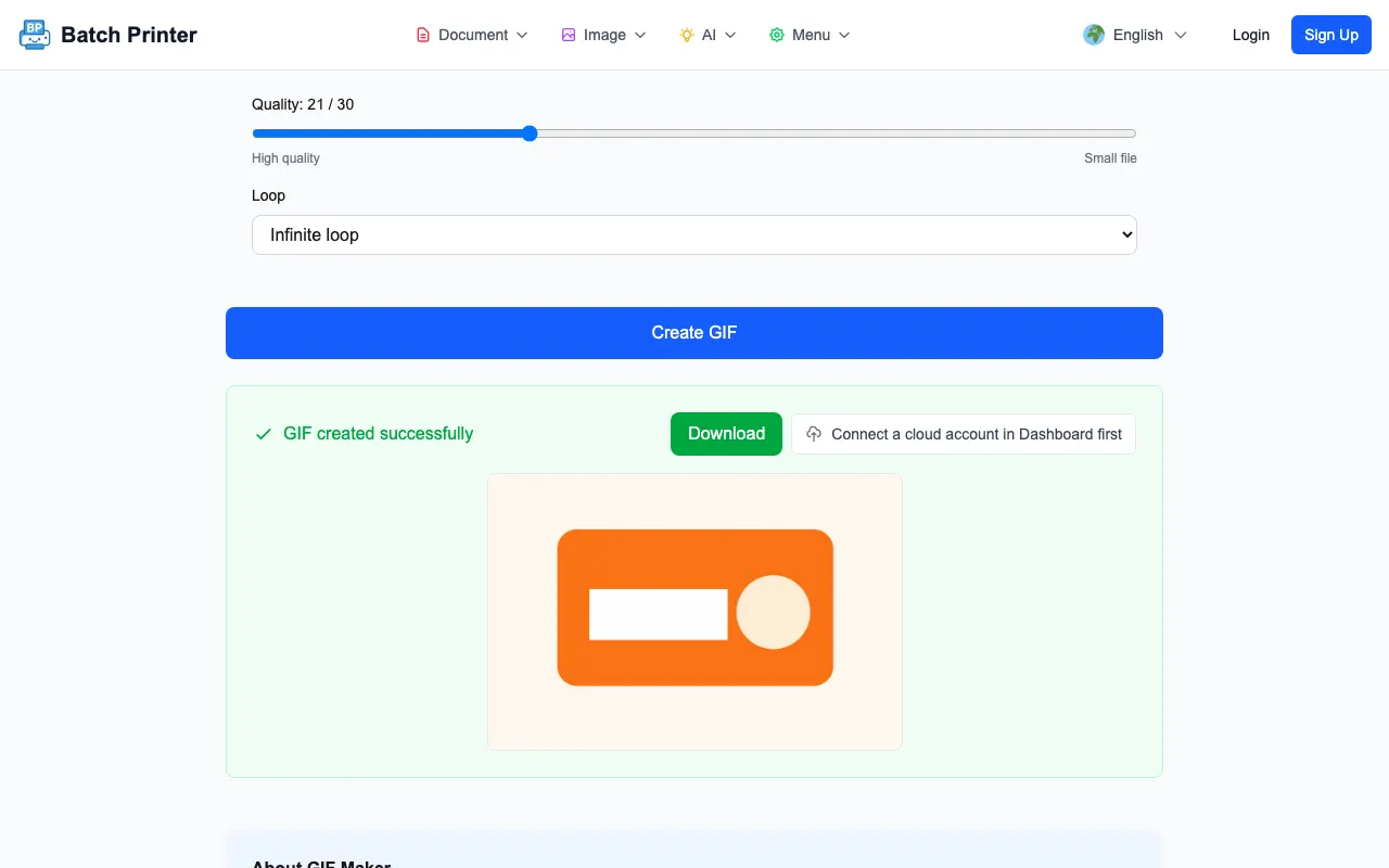 Generated GIF preview in Batch Printer with a success message and Download button