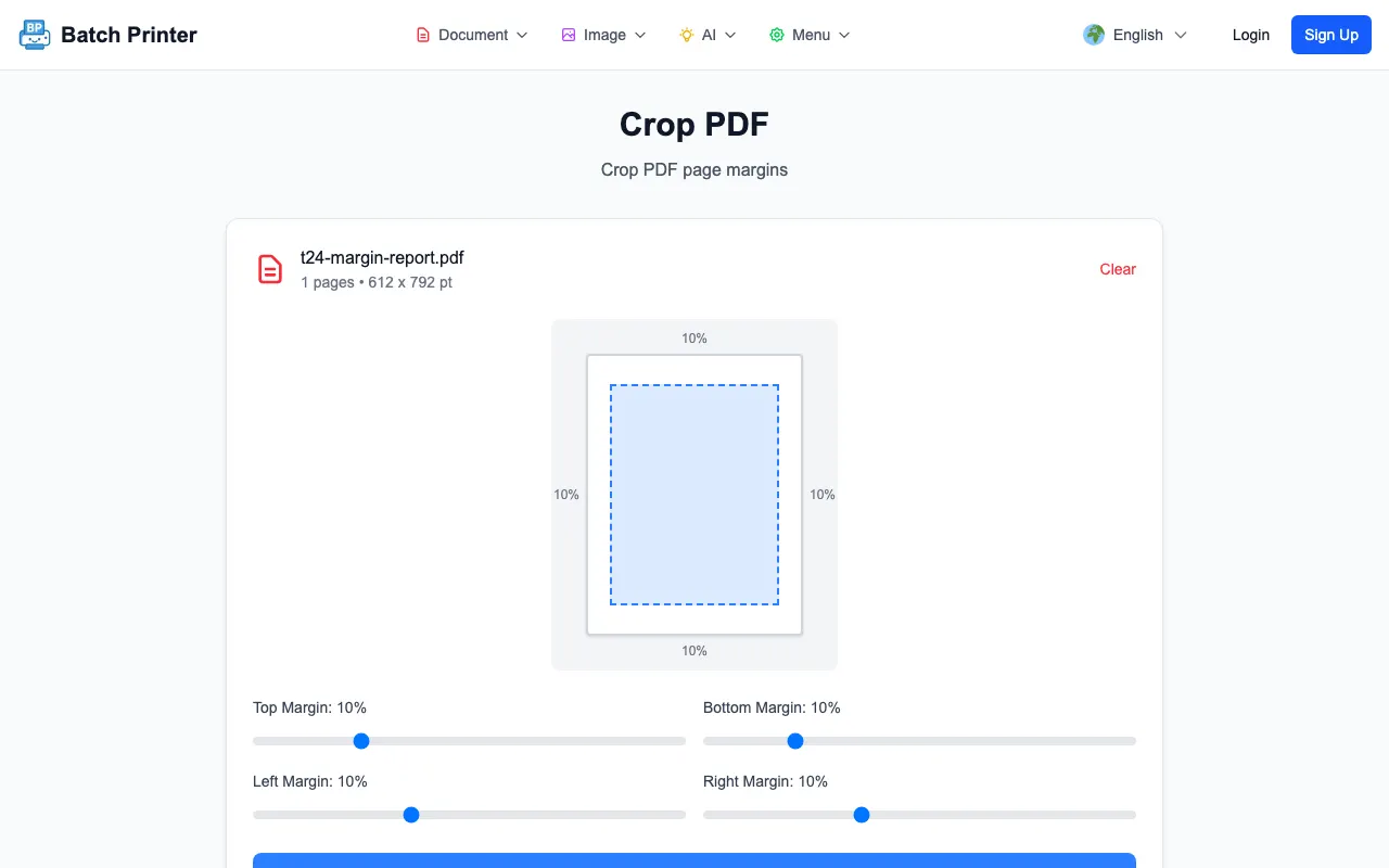 Batch Printer Crop PDF preview with margin controls adjusted