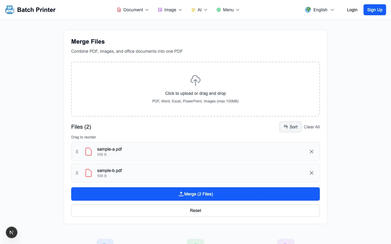 Two PDF documents queued in Batch Printer's merge tool