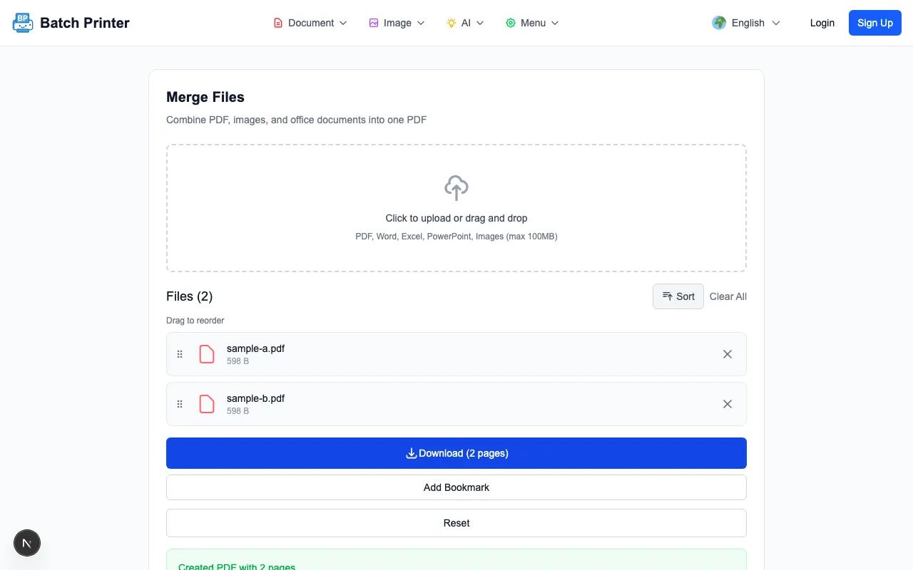 Merged PDF ready to download after browser-side processing