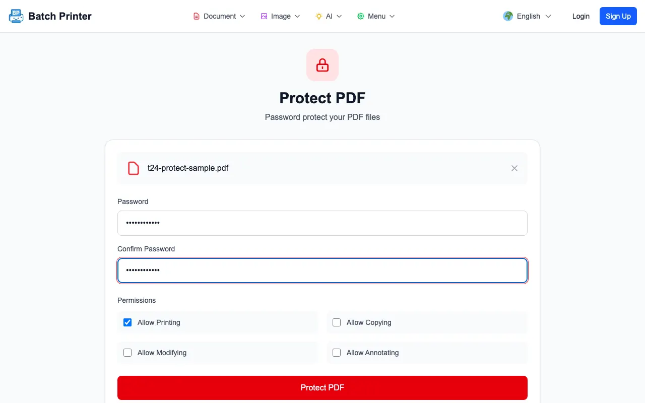 Password and permission options shown for a queued PDF in Batch Printer