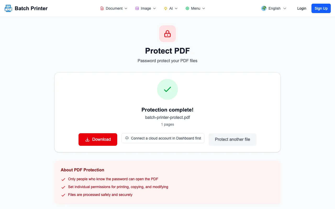 Protected PDF result ready to download after password protection
