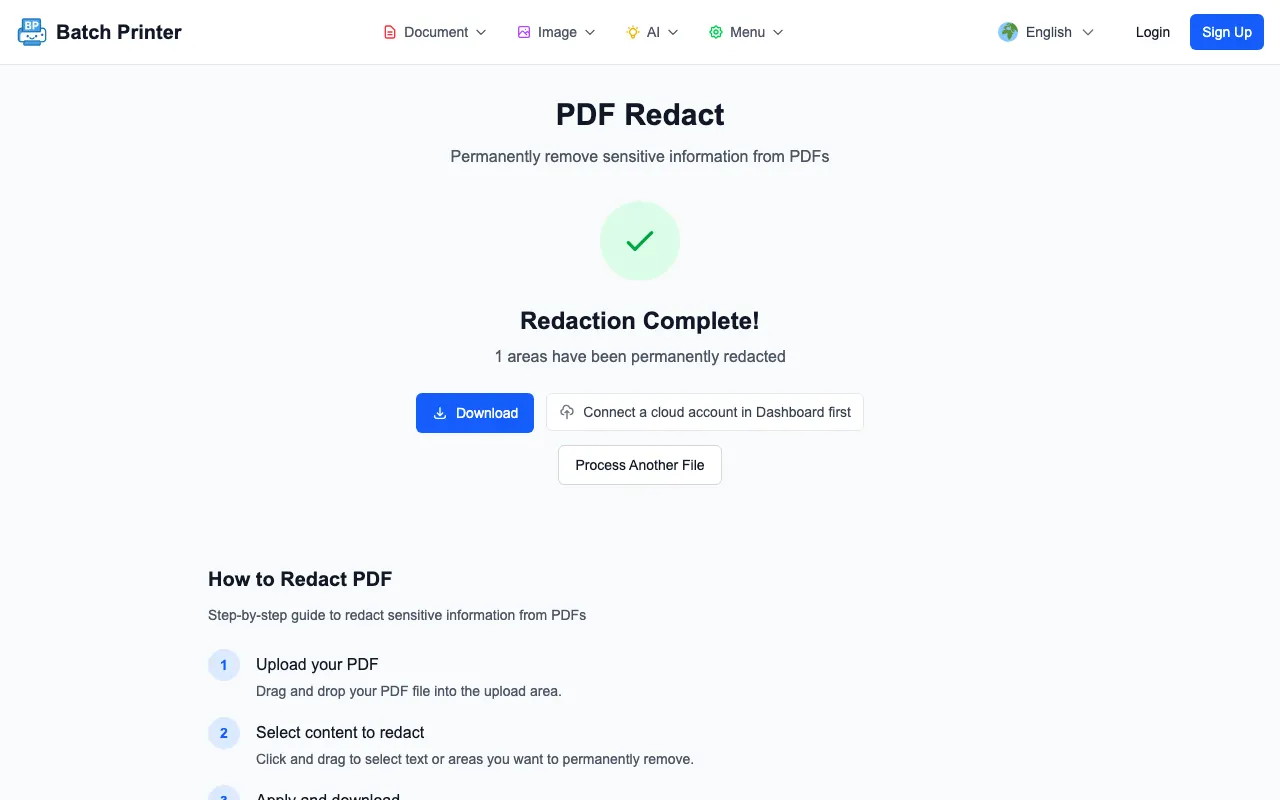 Redacted PDF result ready to download in Batch Printer