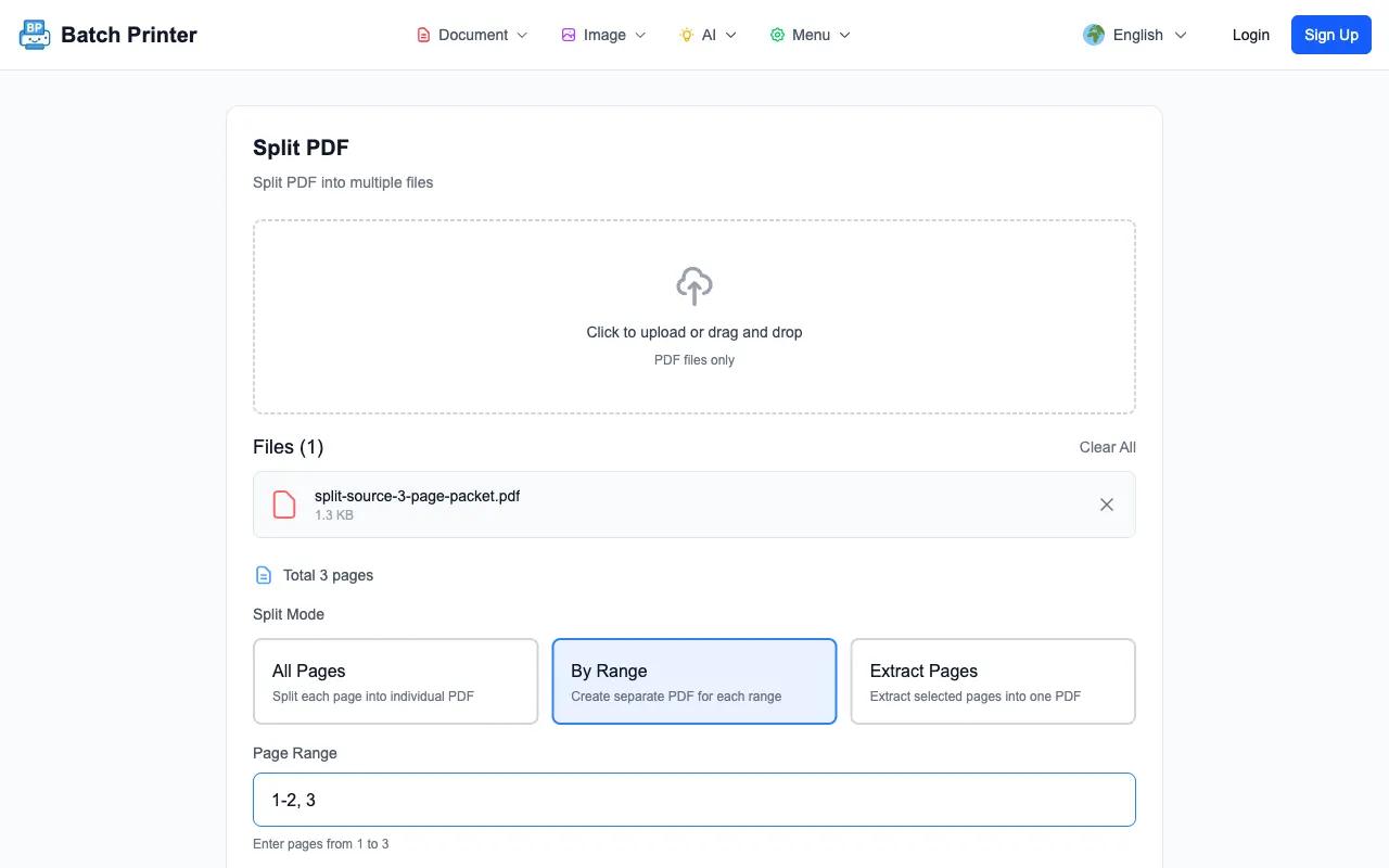 Batch Printer split tool showing a three page PDF with page ranges entered