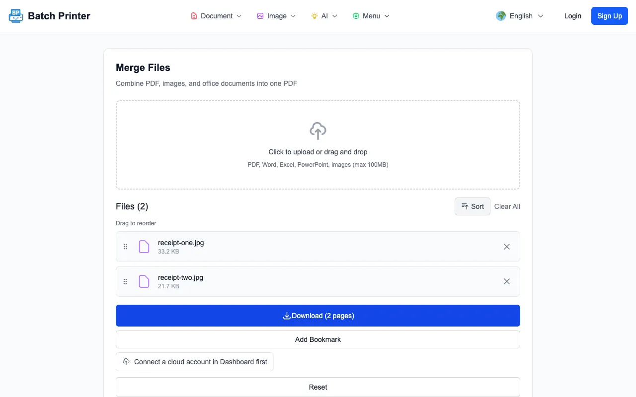 Batch Printer merge tool showing a two-page PDF ready for download