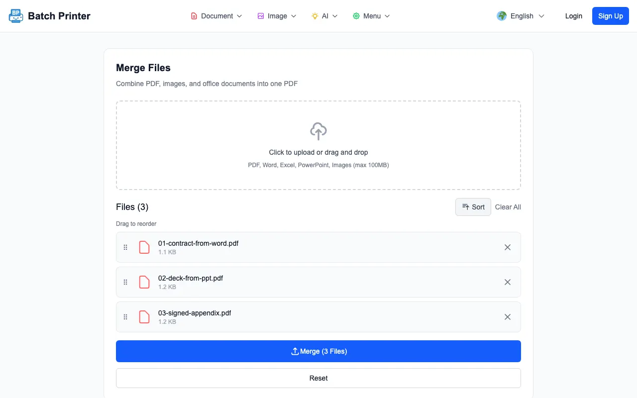 Word export PDF, presentation export PDF, and signed appendix PDF queued in Batch Printer merge tool