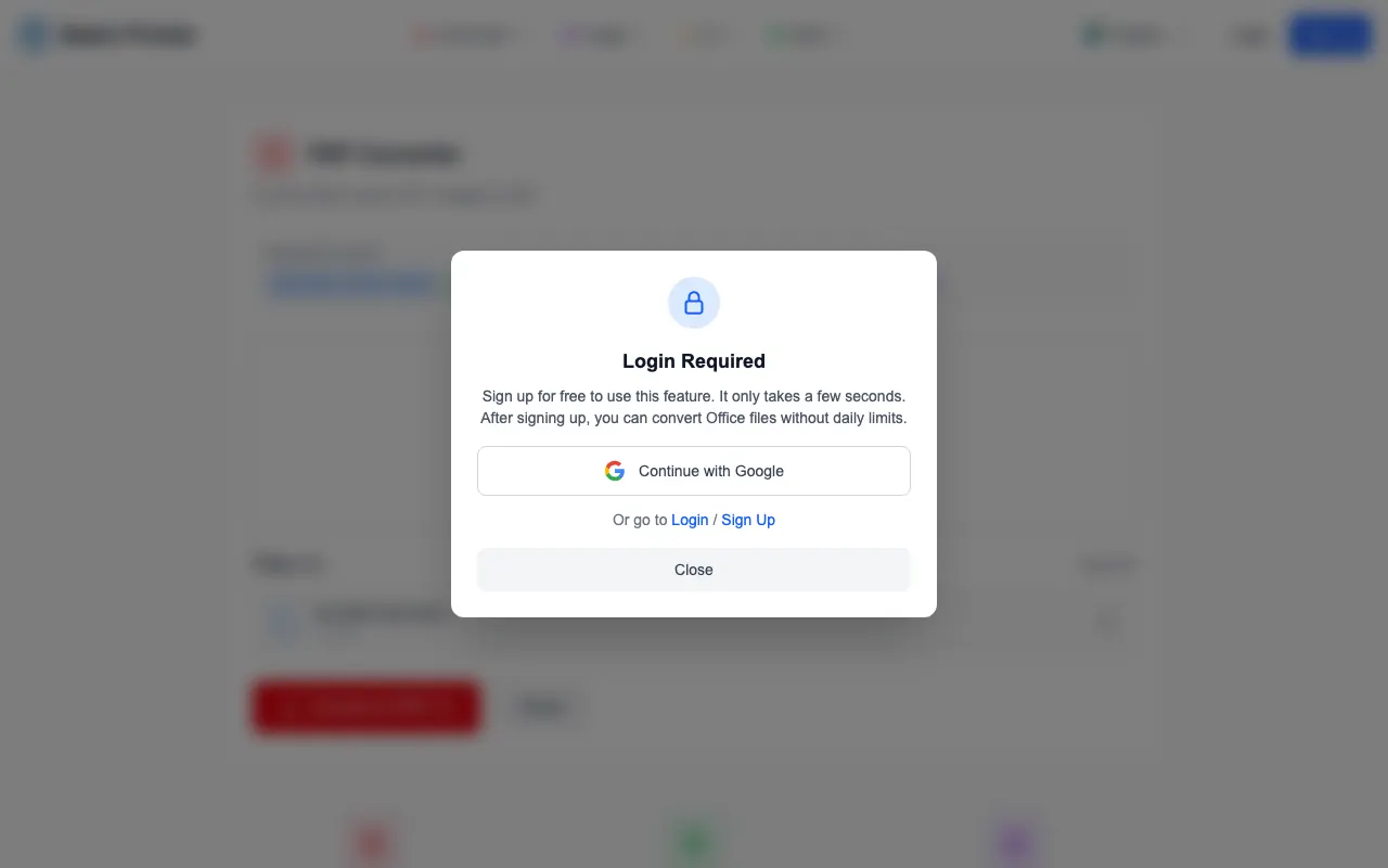 Sign-in prompt shown before Office to PDF conversion starts