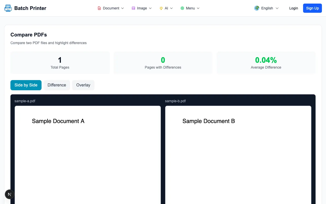 PDF comparison results showing page summary and view mode controls