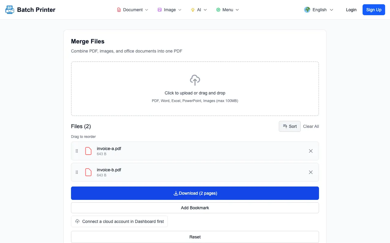 Batch Printer merge tool showing a two-page output ready for download