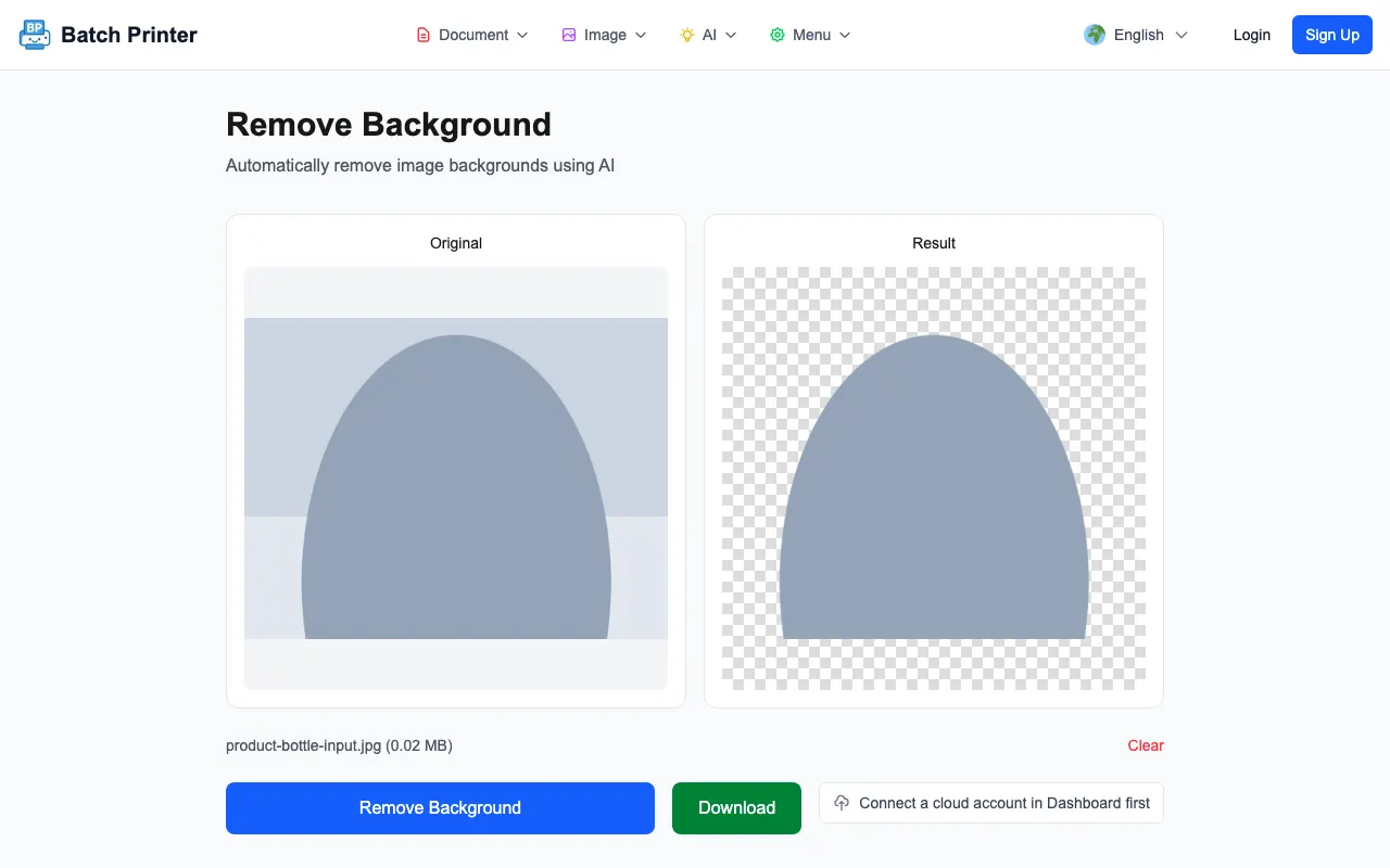 Background removed result showing the product on a transparent checkerboard background with Download button